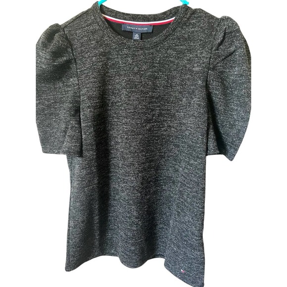 Tommy Hilfiger Puff Sleeve Shimmer Top - Black - Picture 1 of 4
